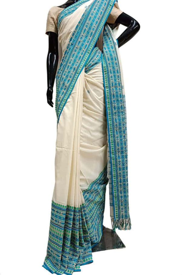 Off-White & Blue Soft Handloom cotton saree Balaram Saha