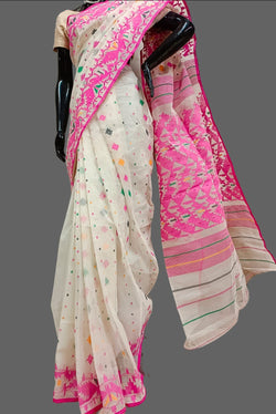 Off white & Pink  Bangladesh Dhakai jamdani saree Balaram Saha