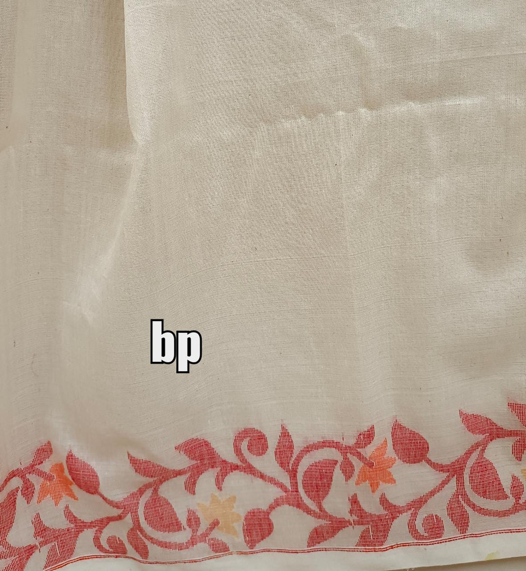 Off White & Red/Orange, Katan Silk Jamdani saree with floral weave on border & Aanchal. Floral motifs woven all over the body.  Blouse Piece included.