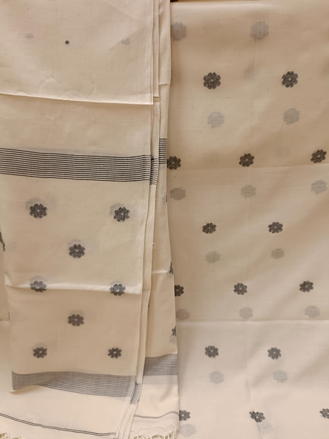 Off White & Black, Handspun, Handwoven soft Cotton, unstitched Jamdani 2piece kurta & dupatta set. Balaram Saha