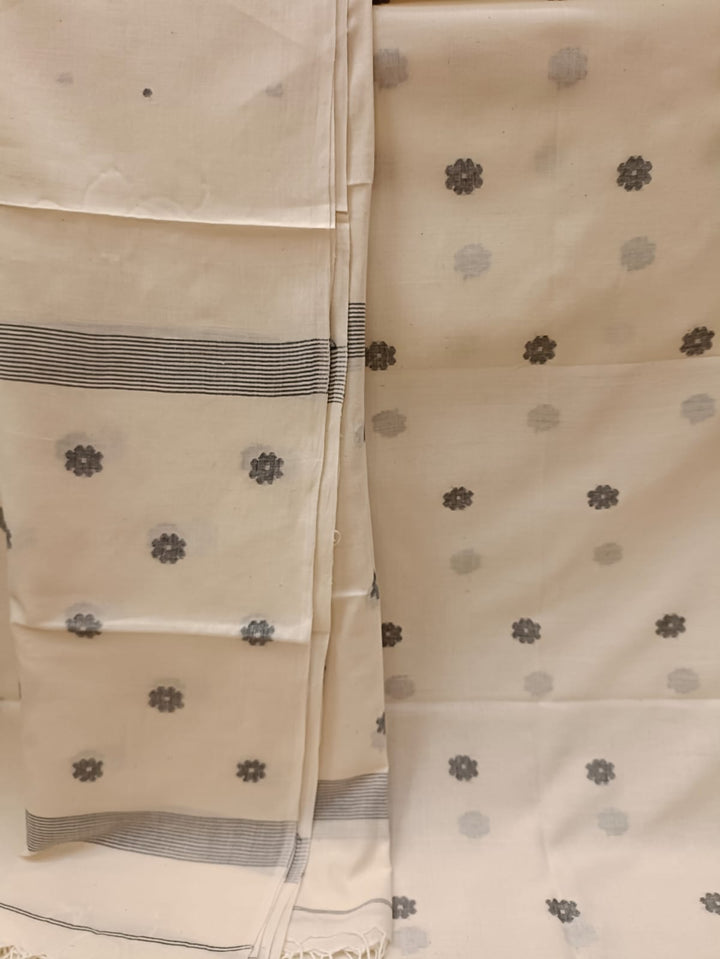Off White & Black, Handspun, Handwoven soft Cotton, unstitched Jamdani 2piece kurta & dupatta set. Balaram Saha