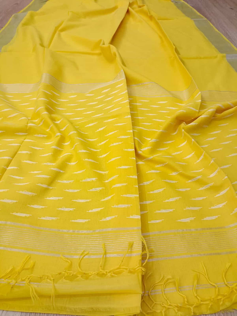 Soft cotton yellow & white saree with silver zari border Balaram Saha
