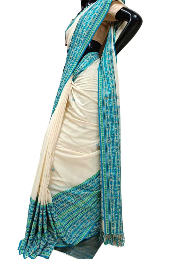 Off-White & Blue Soft Handloom cotton saree Balaram Saha