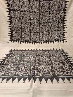 Black & White Pure Bengal Silk Handblock print saree Balaram Saha