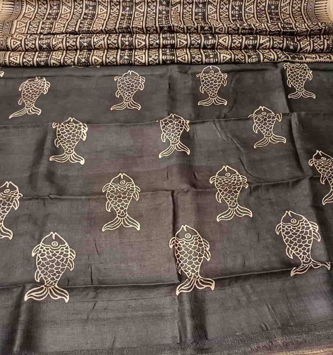 Beige & Black, Tussar silk saree with geometric Handblock print Balaram Saha