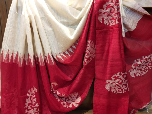 White & Red matka silk sari Balaram Saha