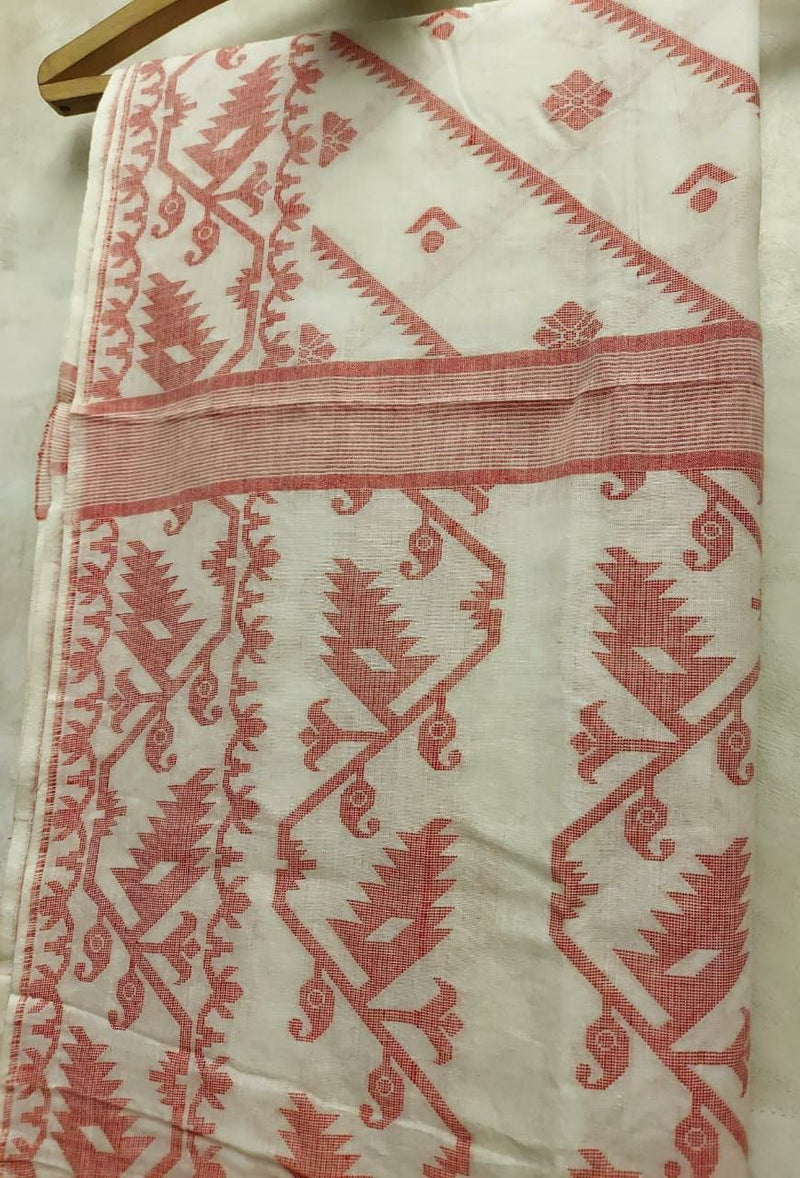 White & Red Soft Cotton Jamdani Weave Dupatta Balaram Saha