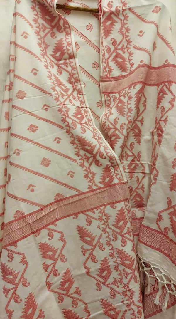 White & Red Soft Cotton Jamdani Weave Dupatta Balaram Saha