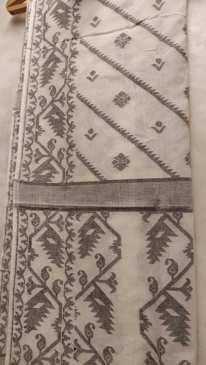 Cotton Jamdani Weave Dupatta - White & Black | Balaram Saha