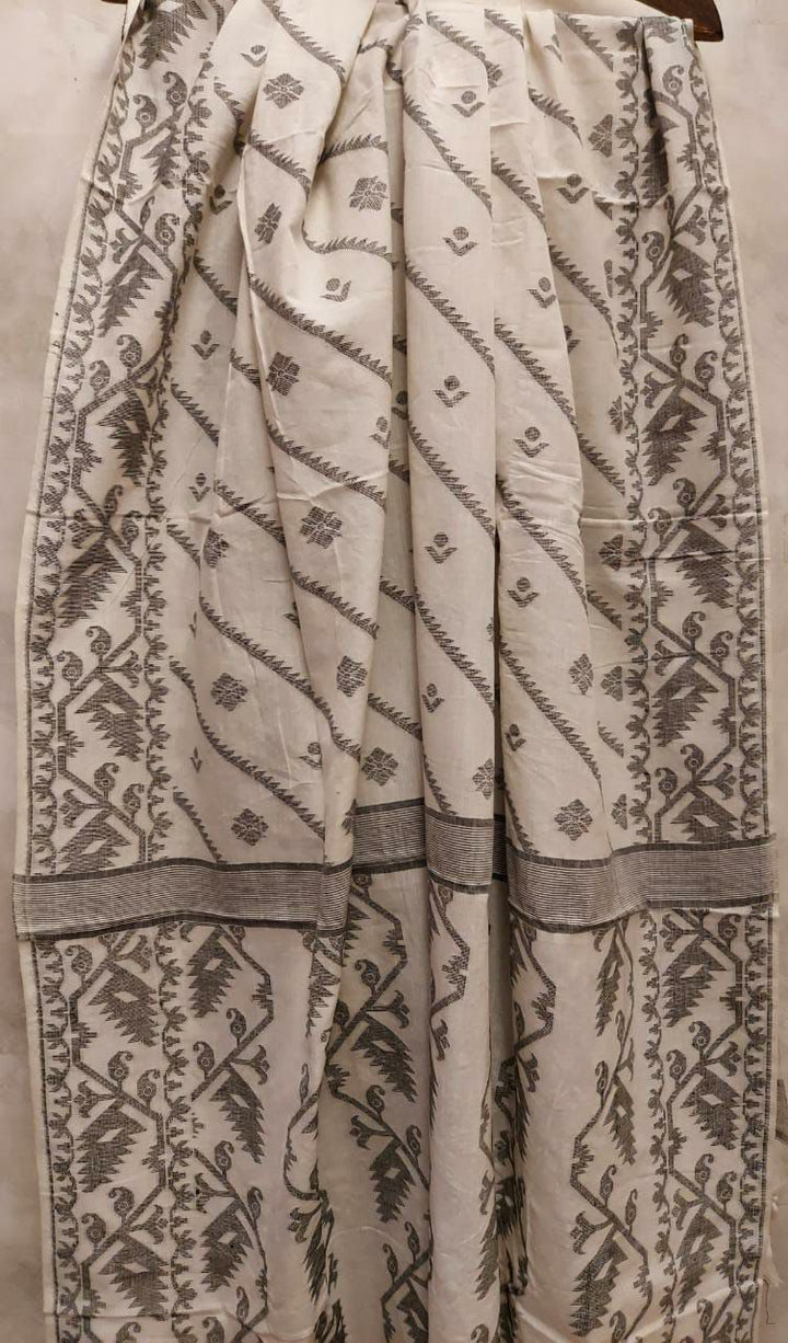 Cotton Jamdani Weave Dupatta - White & Black | Balaram Saha