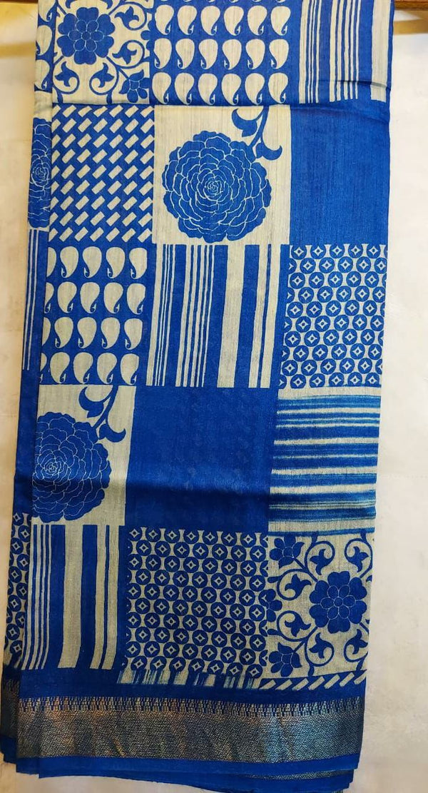 Off white & Royal Blue Tussar Silk printed sari. Balaram Saha