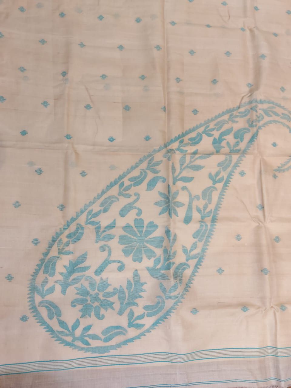 Tussar Silk Dhakai Saree Beige & Blue | Balaram Saha Handwoven Edit