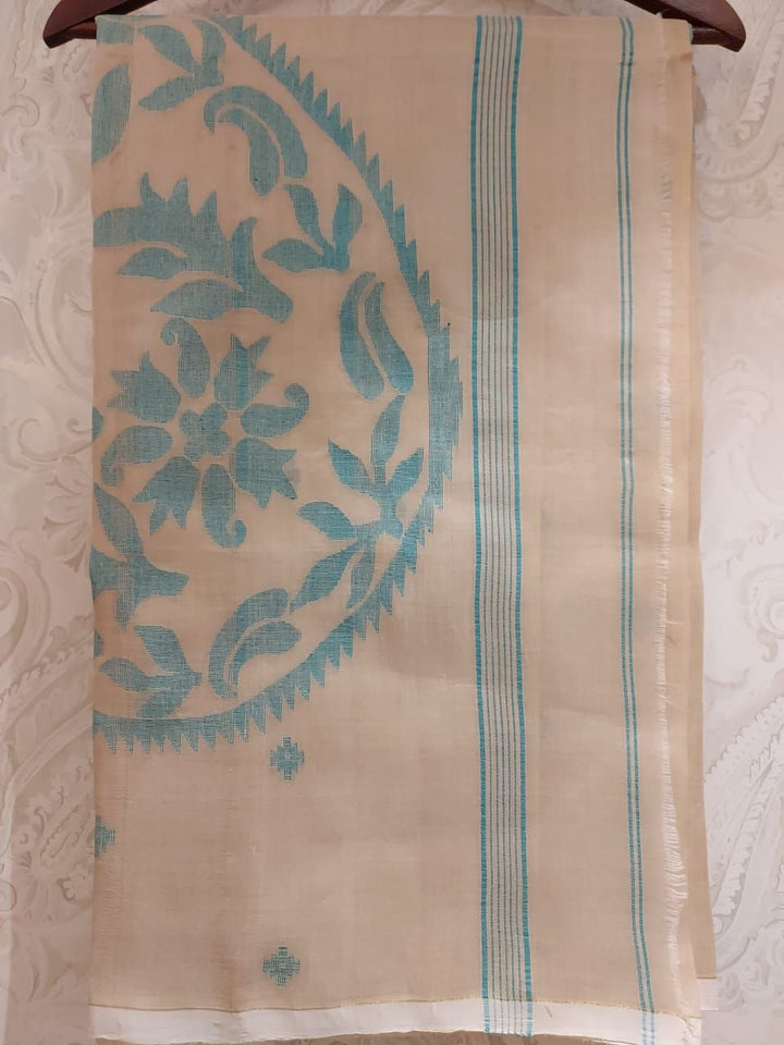 Tussar Silk Dhakai Saree Beige & Blue | Balaram Saha Handwoven Edit