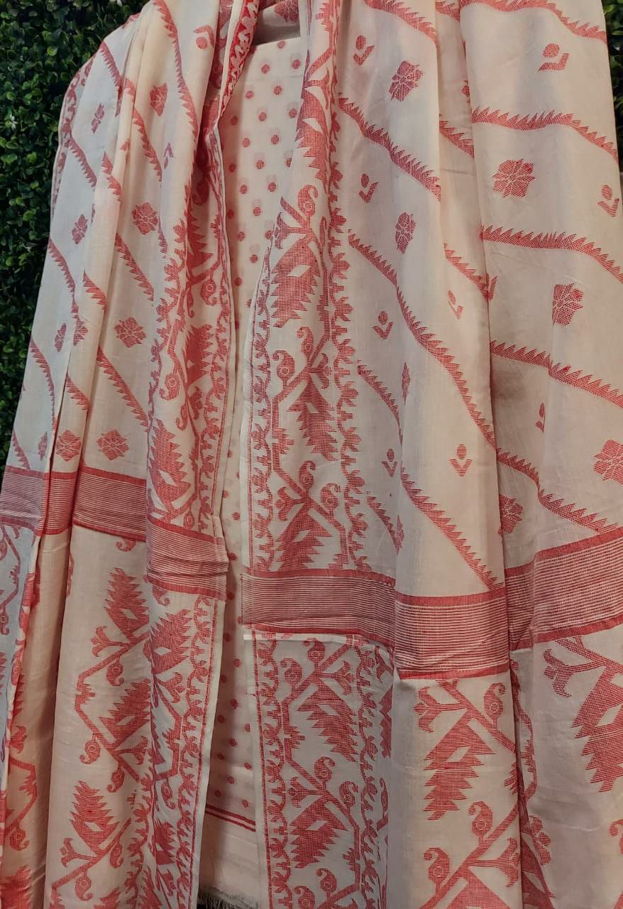 Cotton 2 Piece Dhakai Set - Off White & Red | Balaram Saha