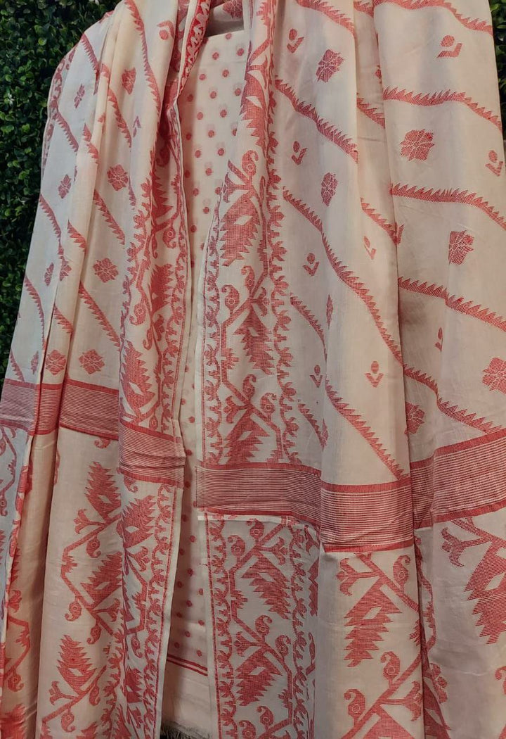 Cotton 2 Piece Dhakai Set - Off White & Red | Balaram Saha