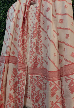 Soft cotton 2 piece dhakai (Off white & Red Balaram Saha