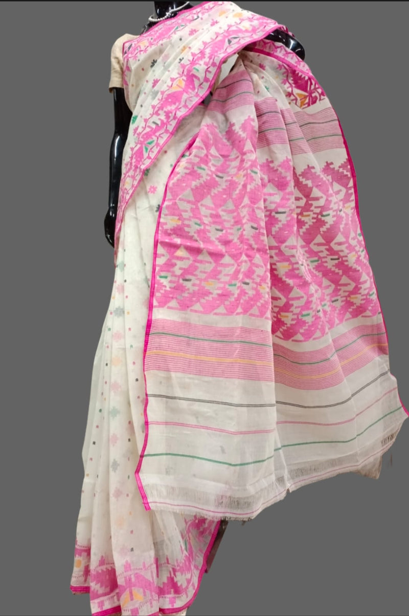 Off white & Pink  Bangladesh Dhakai jamdani saree Balaram Saha