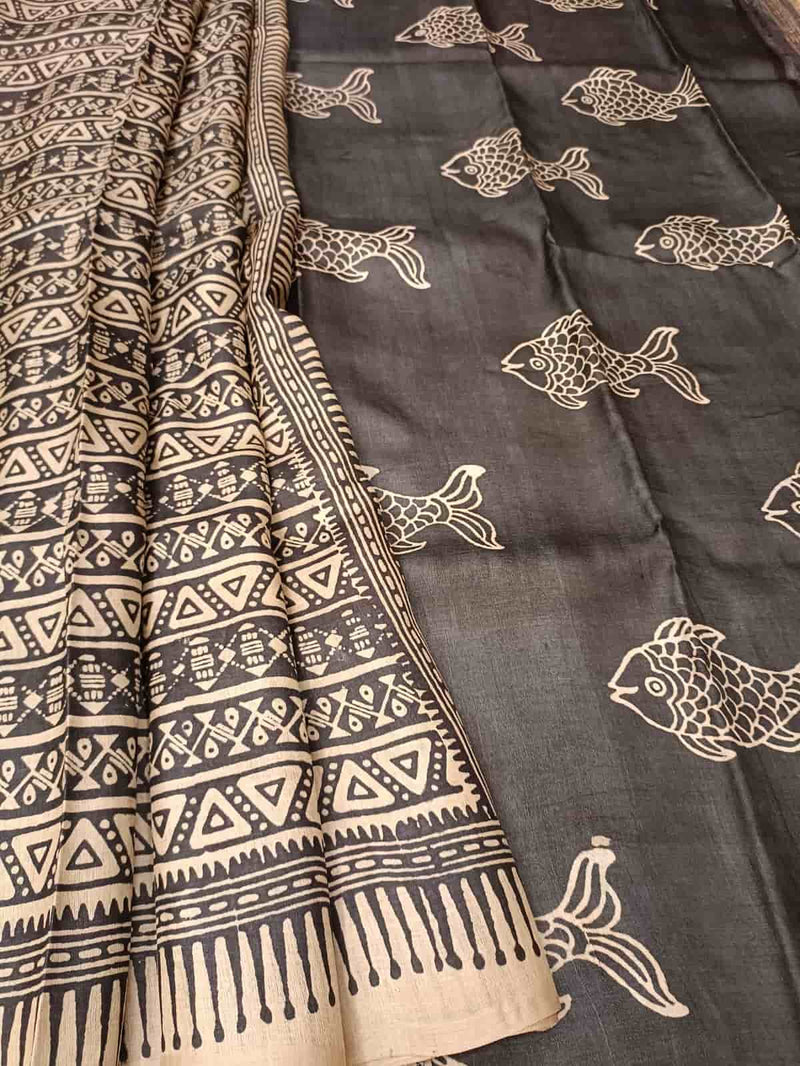 Beige & Black, Tussar silk saree with geometric Handblock print Balaram Saha