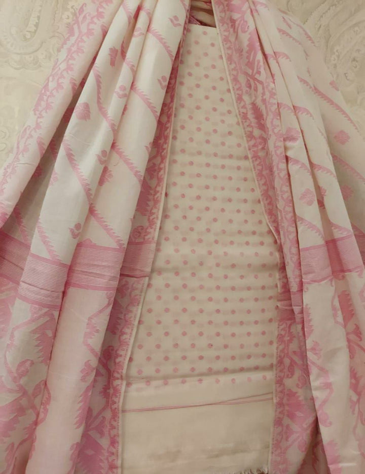 Cotton 2 Piece Dhakai – Balaram Saha’s Off White & Pink Beauty