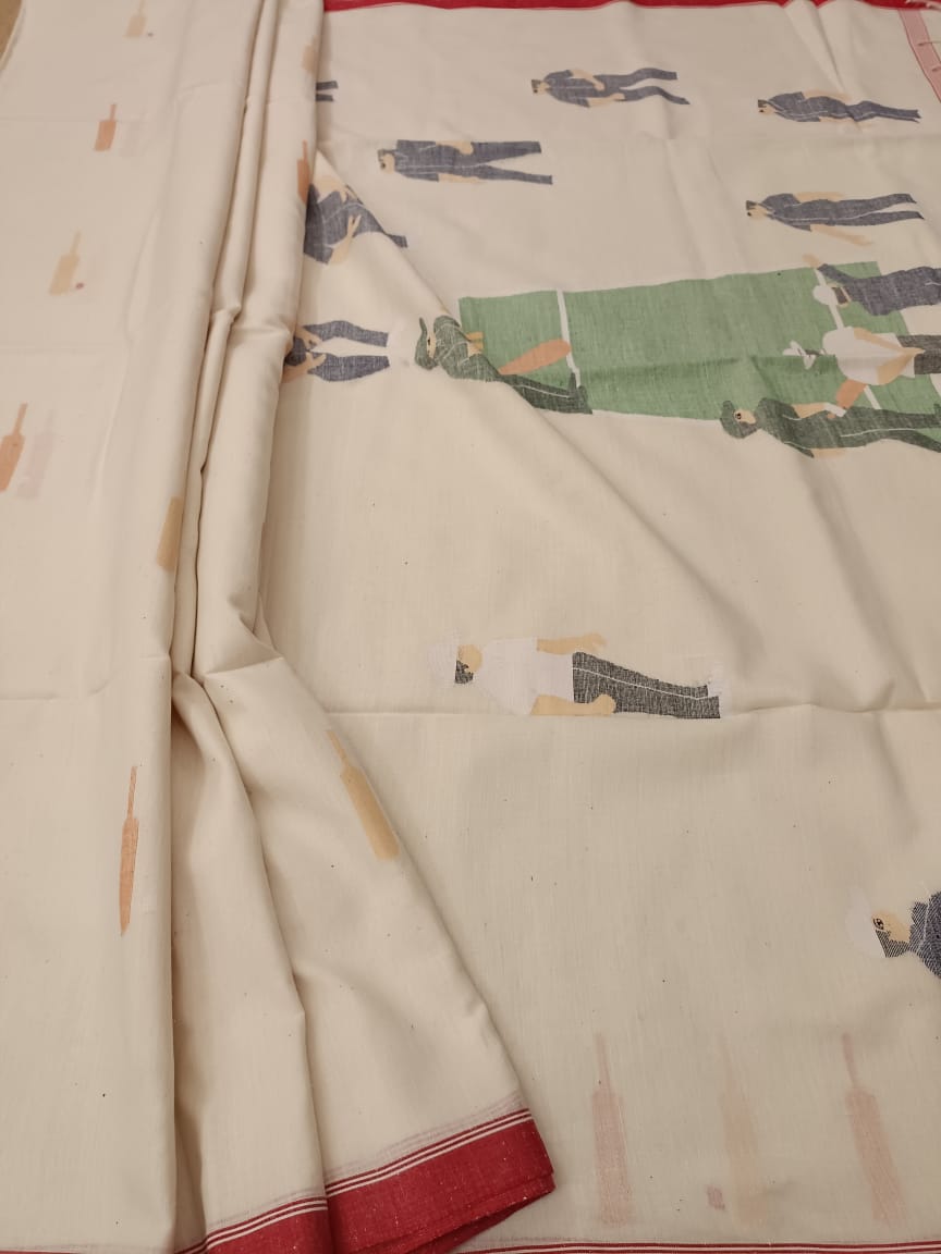 Off-white Handspun & Handwoven Jamdani Soft cotton saree, Balaram Saha