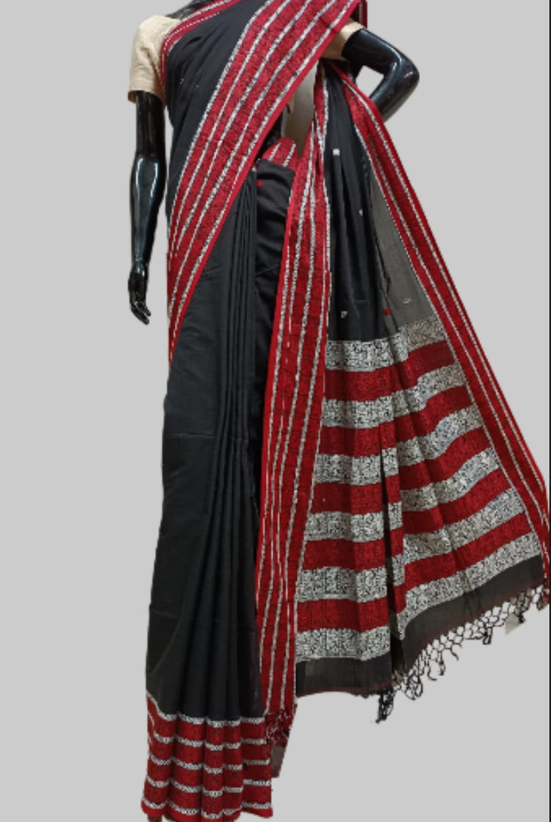 Black & Red Handwoven Soft Cotton Saree Balaram Saha