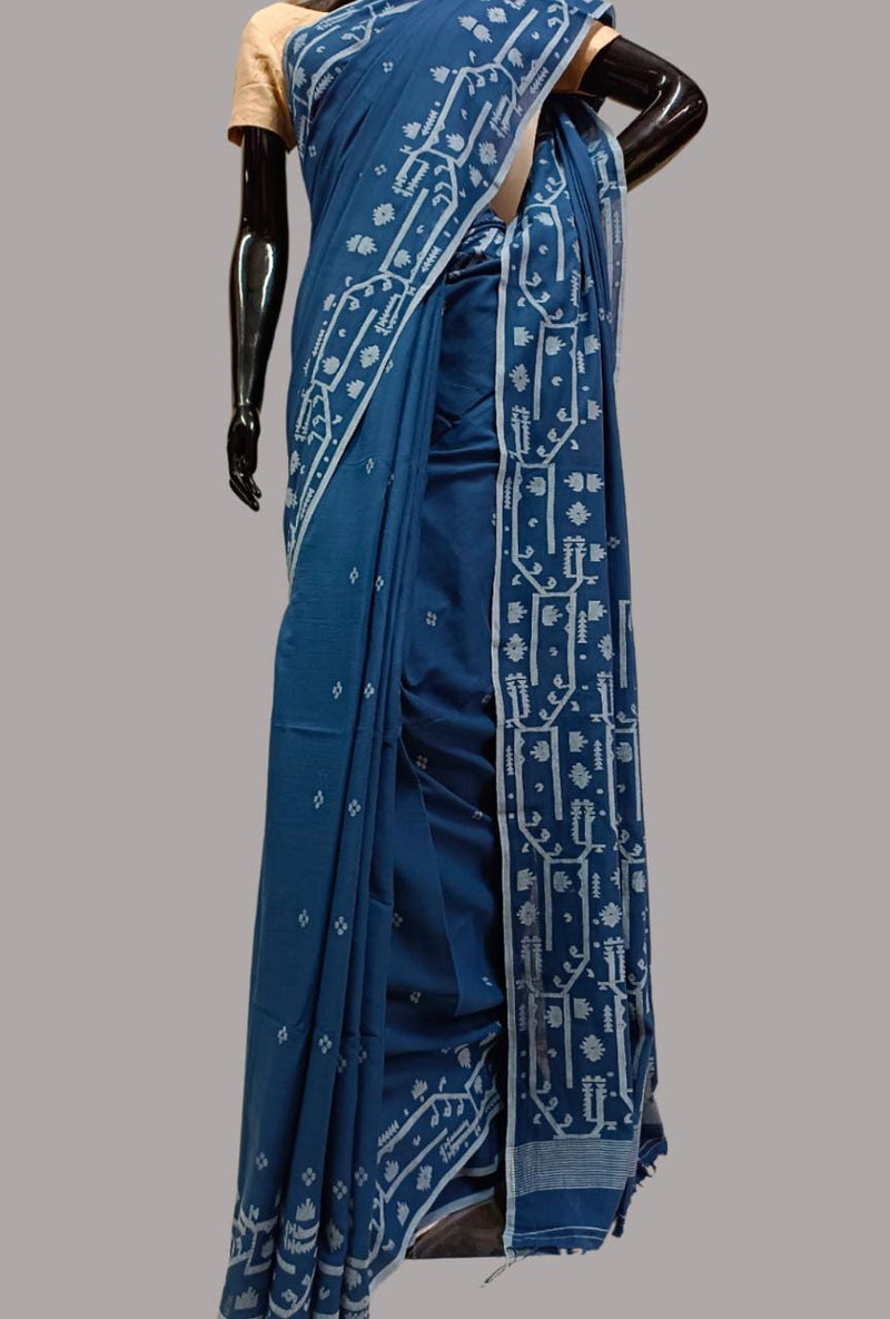 Blue Handloom Handspun Soft Muslin Cotton Saree Balaram Saha