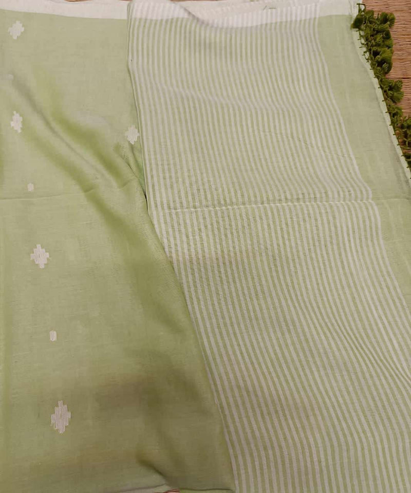 Light Green Handloom Super Soft Cotton Saree With White Border and  Dhakai Woven Bootis on Body and Stripes Aanchal, No Blouse.