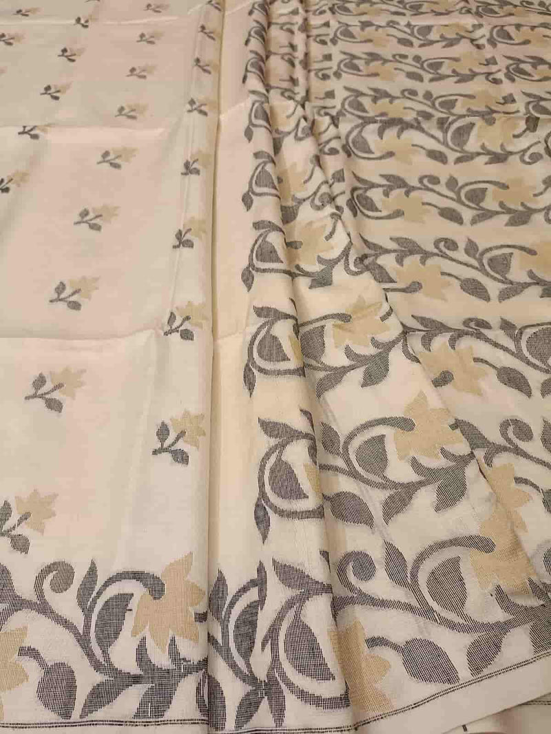 Off White & Black/Beige, Katan Silk Jamdani saree with floral weave on border & Aanchal. Floral motifs woven all over the body.  Blouse Piece included.