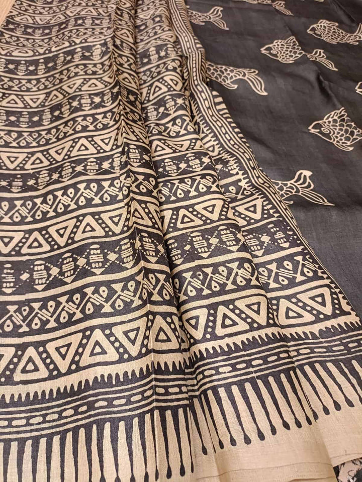 Beige & Black, Tussar silk saree with geometric Handblock print Balaram Saha