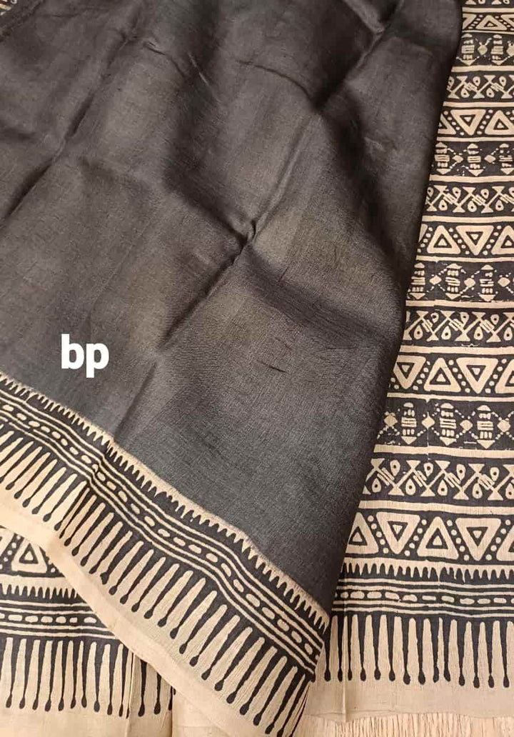 Beige & Black, Tussar silk saree with geometric Handblock print Balaram Saha
