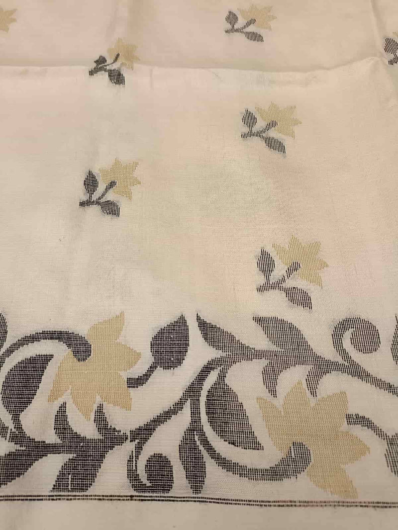 Off White & Black/Beige, Katan Silk Jamdani saree with floral weave on border & Aanchal. Floral motifs woven all over the body.  Blouse Piece included.