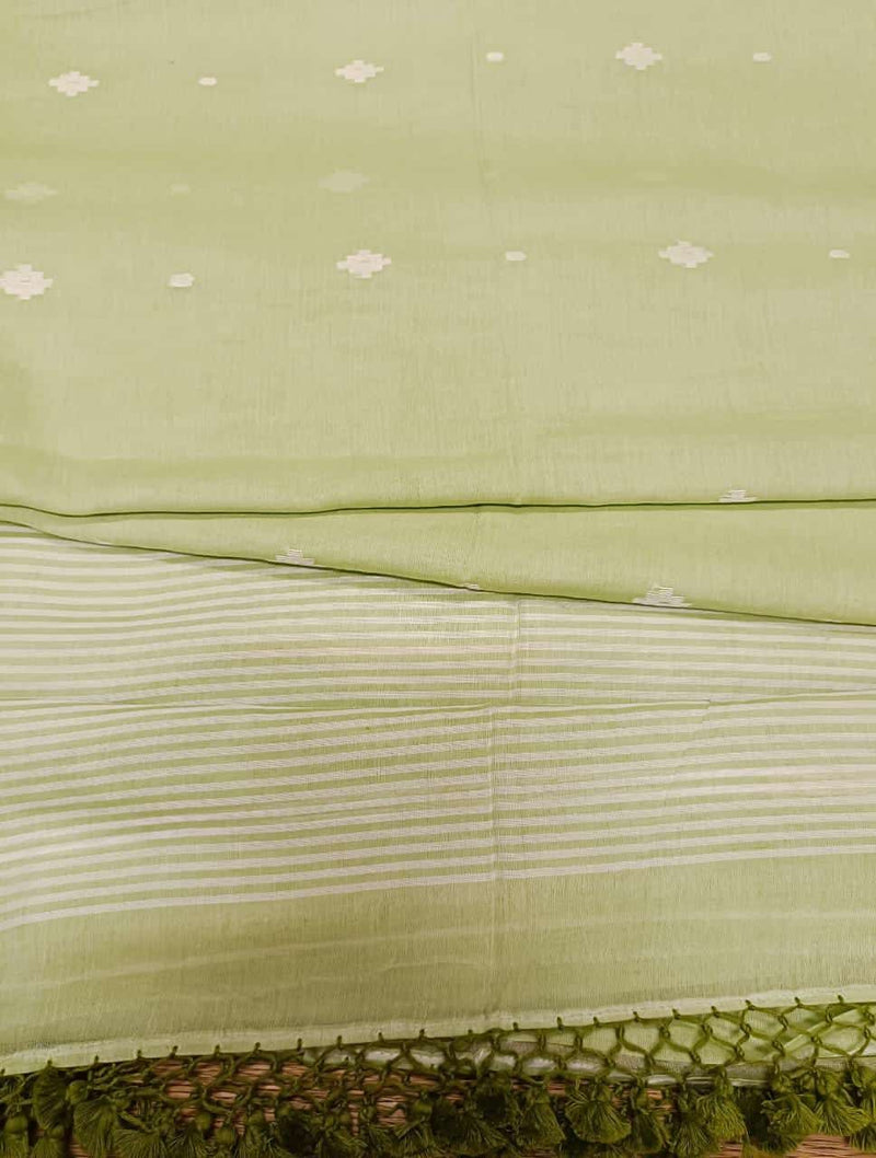 Light Green Handloom Super Soft Cotton Saree With White Border and  Dhakai Woven Bootis on Body and Stripes Aanchal, No Blouse.