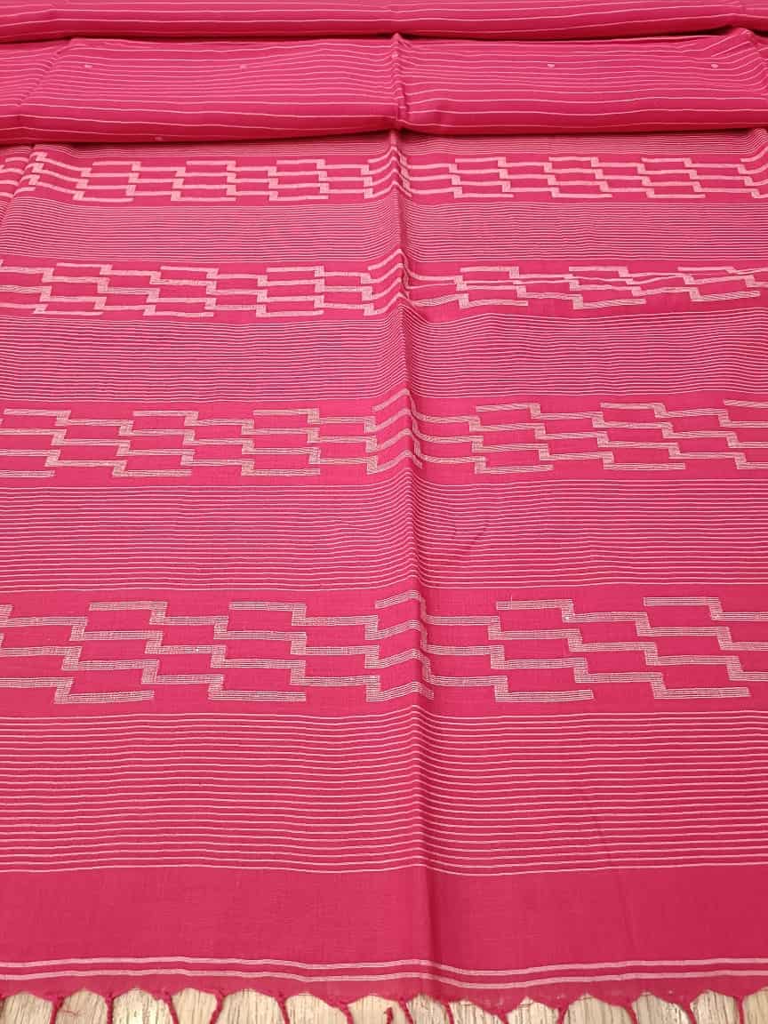 Fuschia Pink & White Handspun Handwoven soft cotton Jamdani Saree Balaram Saha