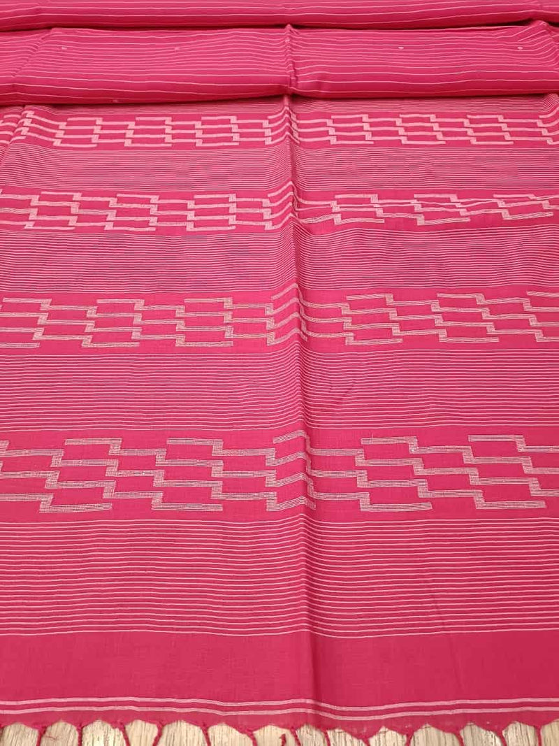 Fuschia Pink & White Handspun Handwoven soft cotton Jamdani Saree Balaram Saha