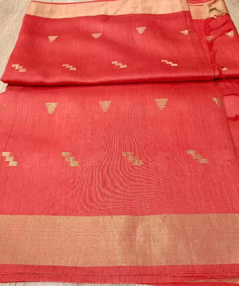 Red & Gold Tussar Silk Saree With Gold Zari Woven Border Balaram Saha