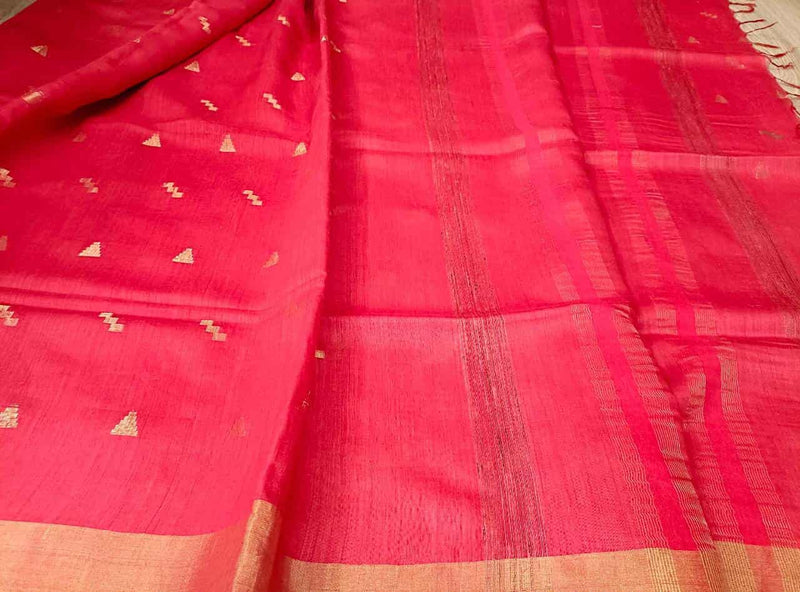 Red & Gold Tussar Silk Saree With Gold Zari Woven Border Balaram Saha