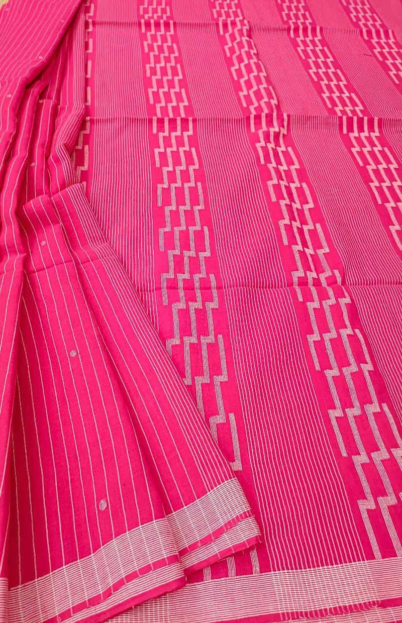 Fuschia Pink & White Handspun Handwoven soft cotton Jamdani Saree Balaram Saha