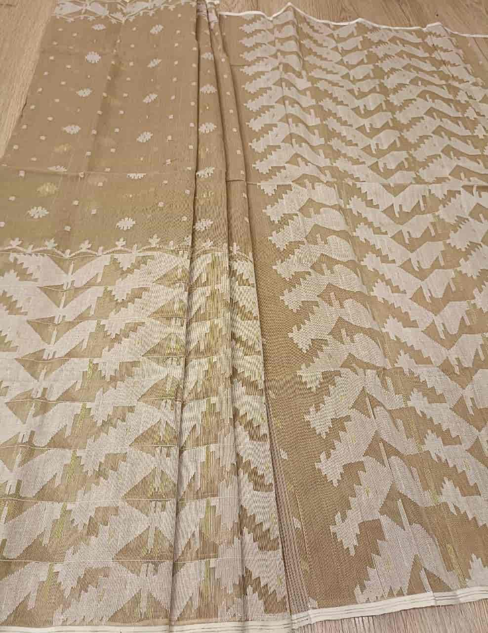 Beige & White/Gold, Cotton handwoven Jamdani saree Balaram Saha