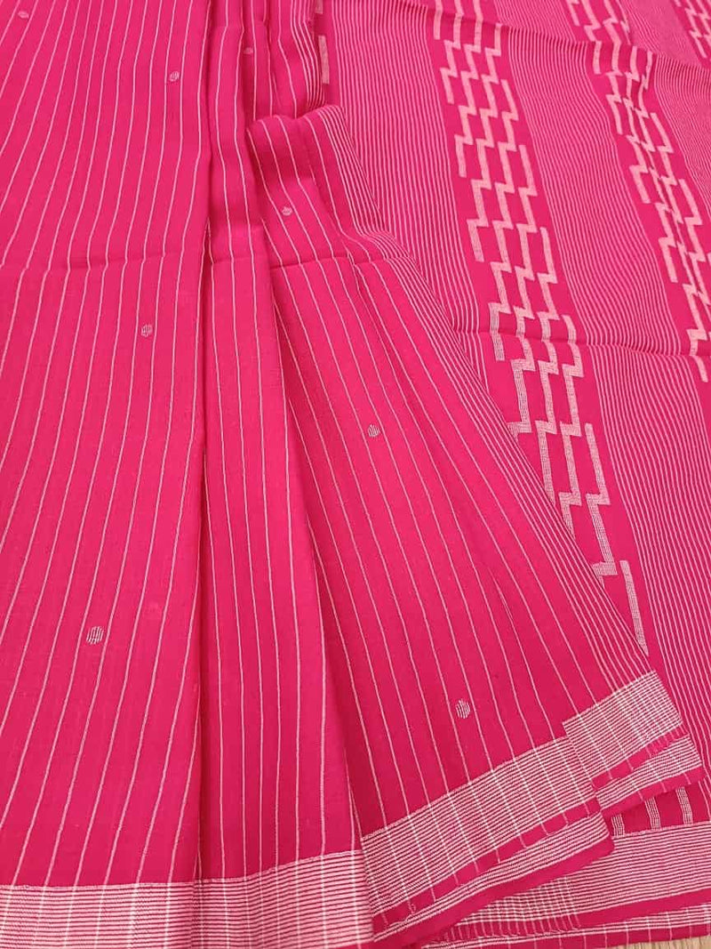 Fuschia Pink & White Handspun Handwoven soft cotton Jamdani Saree Balaram Saha