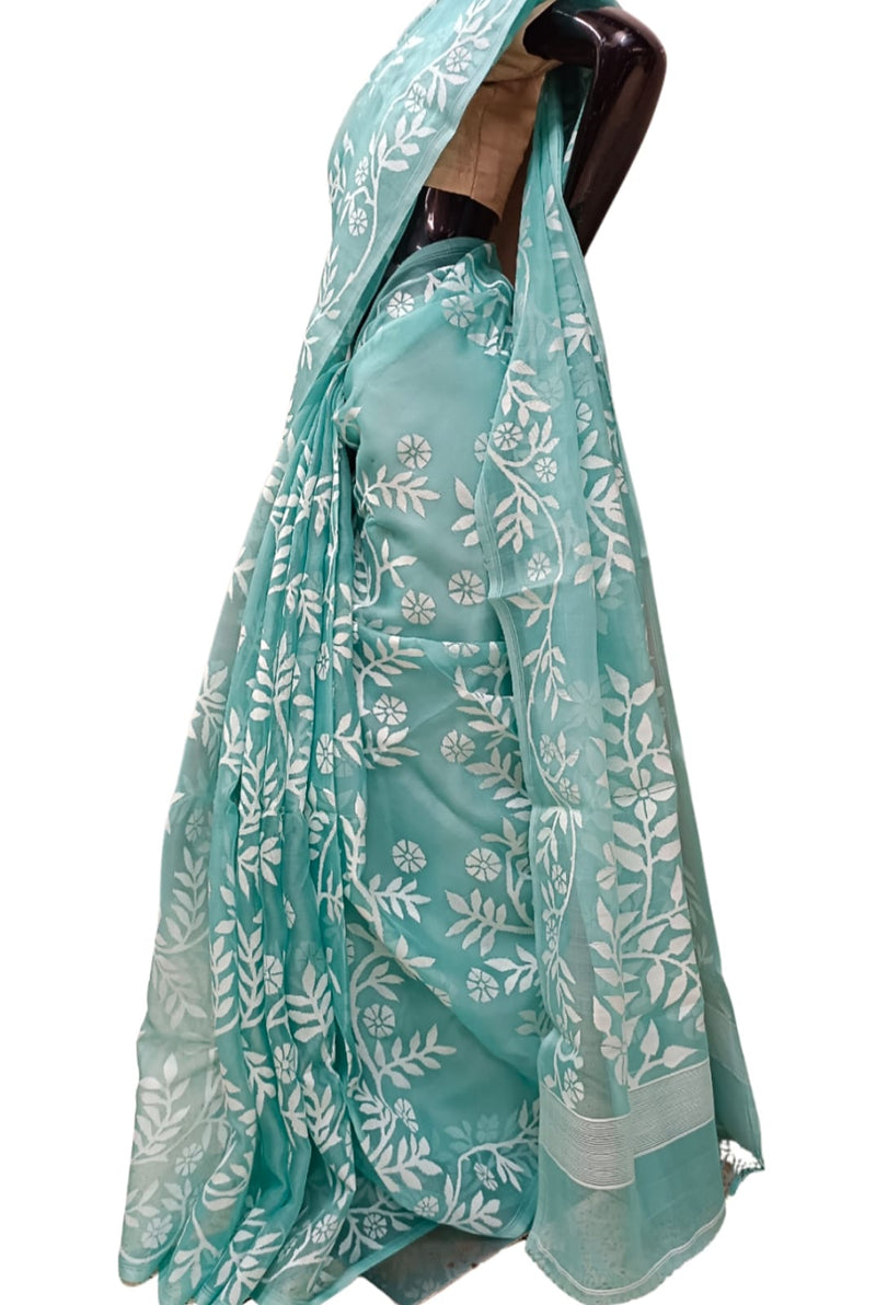 Sky Blue Muslin Silk handwoven Jamdani saree Balaram Saha