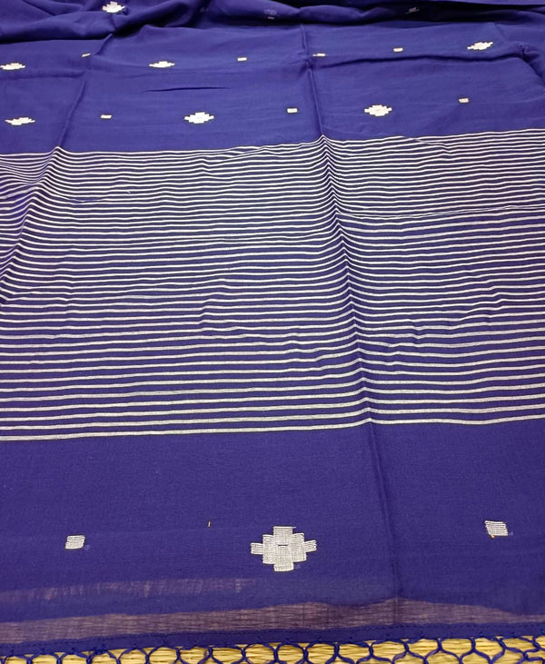 Blue Handloom Super Soft Cotton Saree With White Border and  Dhakai Woven Bootis on Body and Stripes Aanchal, No Blouse.