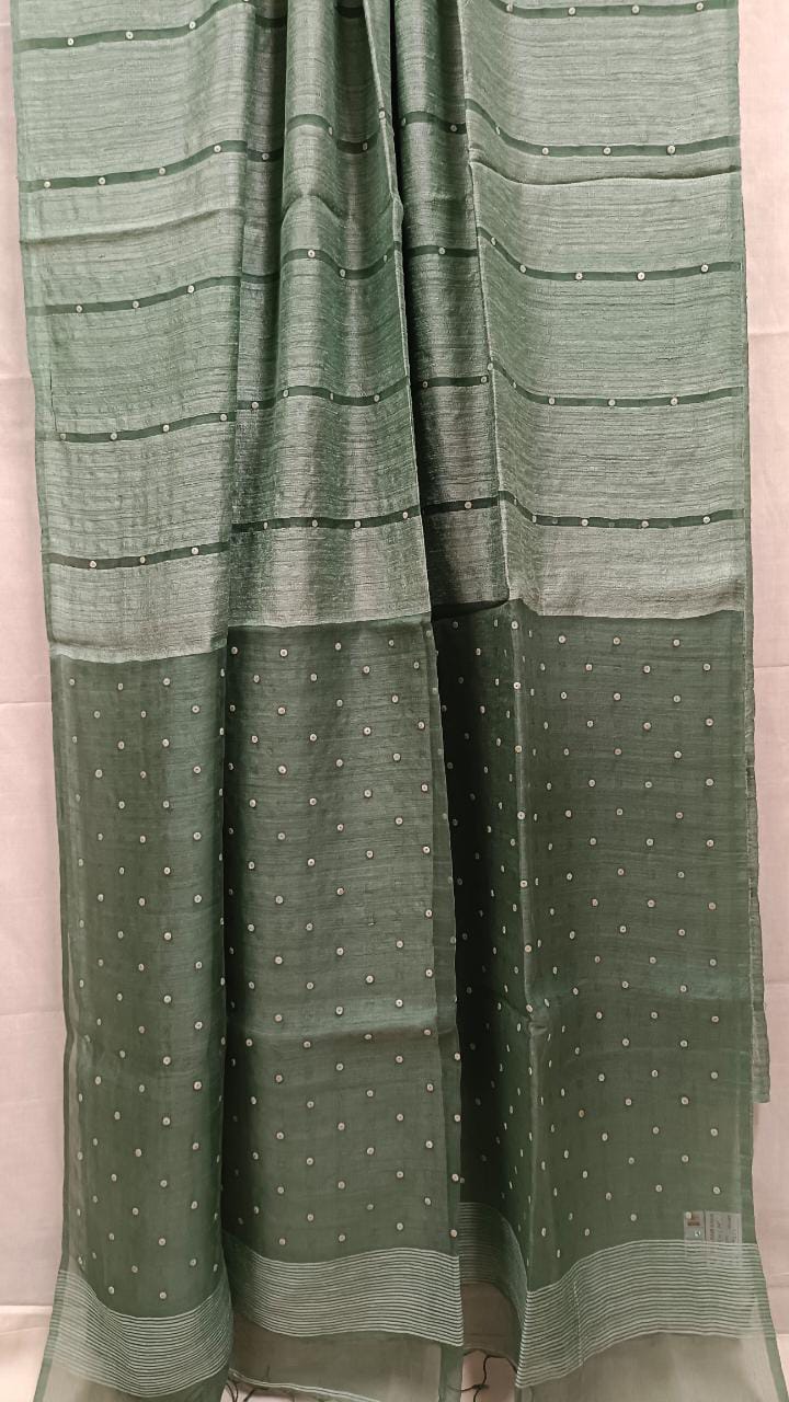 Green Matka Muslin Silk saree with sequin handwoven Balaram Saha