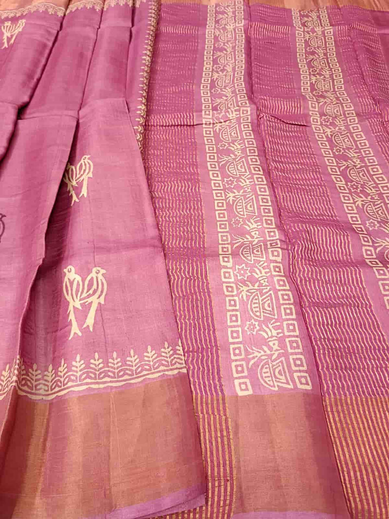 Onion Pink Tussar silk Handblock Print With Bird Motifs All Over The Body Balaram Saha