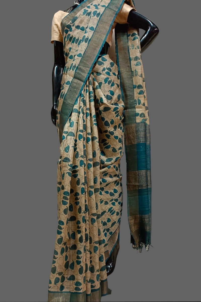 Natural shade & Blue pure Tussar silk saree Balaram Saha