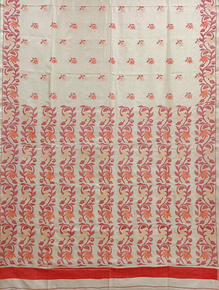 Off White & Red/Orange, Katan Silk Jamdani saree with floral weave on border & Aanchal. Floral motifs woven all over the body.  Blouse Piece included.