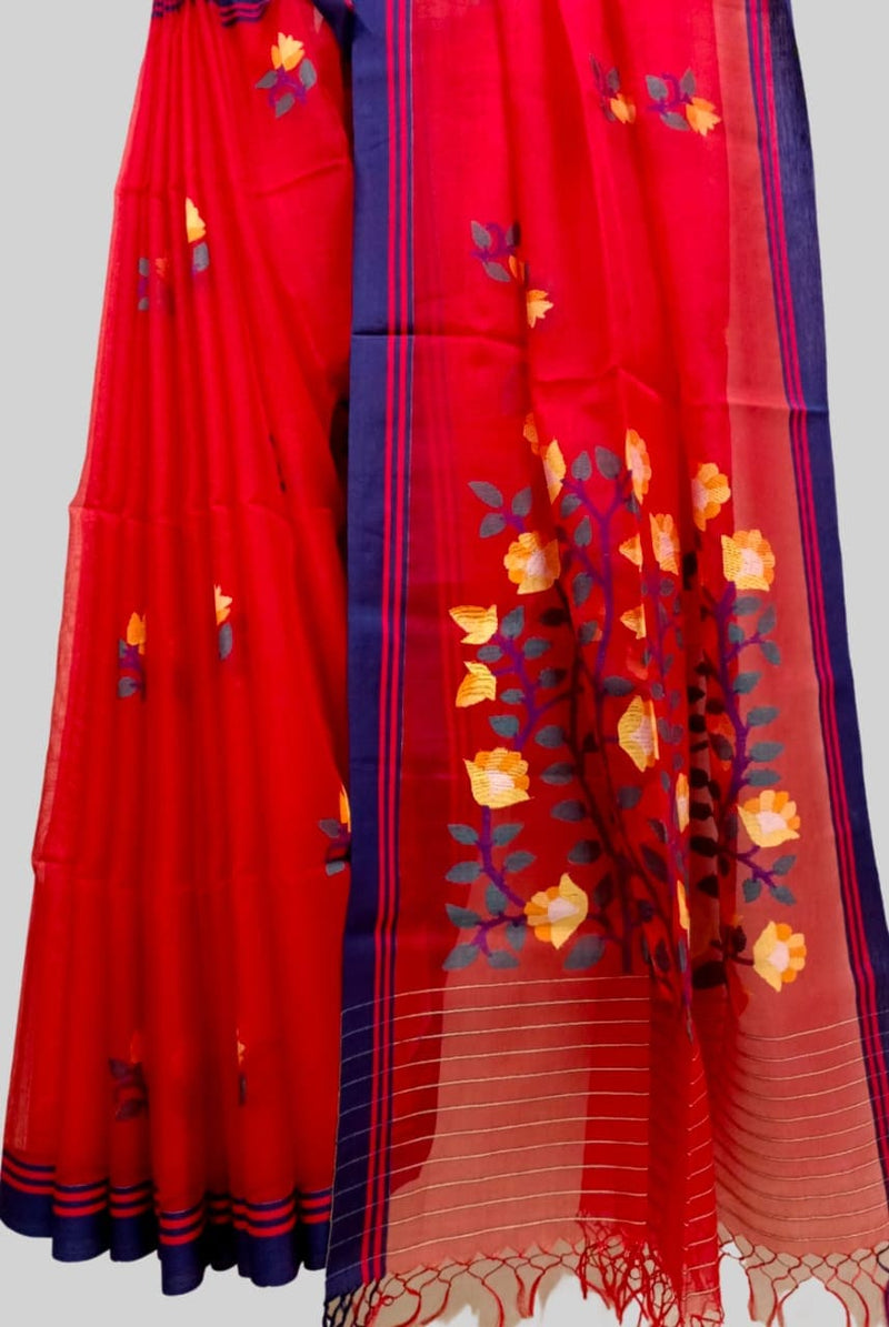 Red & Blue Handloom Muslin Silk Jamdani Saree Balaram Saha