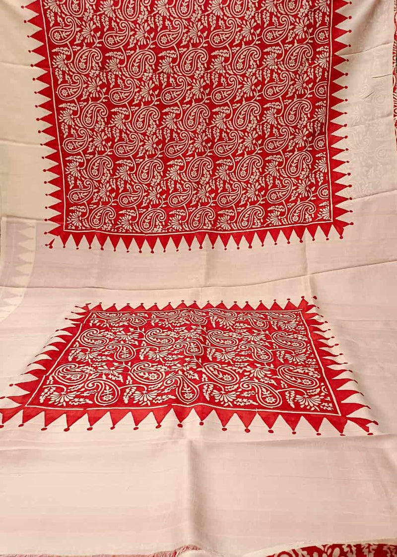 Red & White Pure Bengal Silk Handblock print saree Balaram Saha