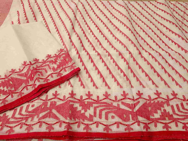 White & Red cotton Bangladeshi Dhakai Jamdani saree Balaram Saha
