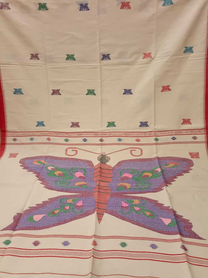 Handspun & Handwoven soft cotton, White & Red Jamdani saree Balaram Saha