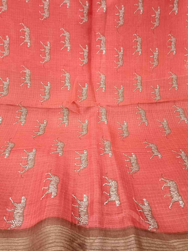 Tomato Red soft Mulberry silk saree with tiger print Balaram Saha